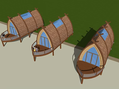 Boat Shaped Thatched Roof Huts With Wooden Structure And Blue Windows 3d model