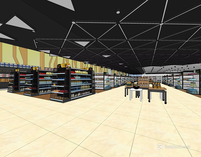 Spacious Modern Supermarket Retail Space With Shelves Stocked Full Of Products And Tile Floor Layout 3d model 
