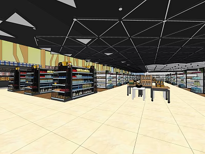 Spacious Modern Supermarket Retail Space With Shelves Stocked Full Of Products And Tile Floor Layout 3d model