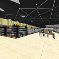 Spacious Modern Supermarket Retail Space With Shelves Stocked Full Of Products And Tile Floor Layout