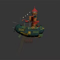 Cartoon Scene with Flying Ship Featuring Red Tower Ladder and Net Over Dark Blue Water