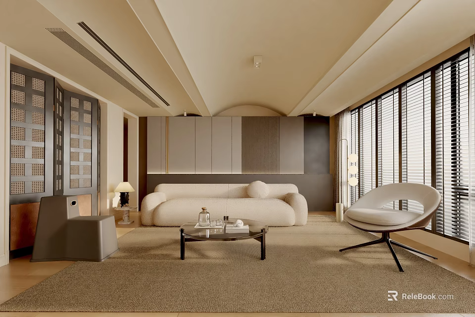 Modern Living Room Interior With Beige Sofa Floor to Ceiling Windows And Grey Cabinets 3d model 