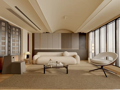 Modern Living Room Interior With Beige Sofa Floor to Ceiling Windows And Grey Cabinets 3d model