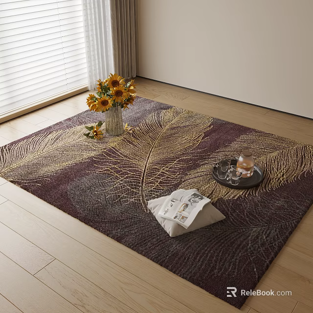 Purple and Gold Square Rug with Feather Pattern Vase Sunflowers Magazine Tray on Wooden Floor 3d model 