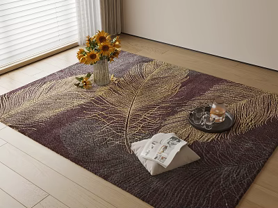 Purple and Gold Square Rug with Feather Pattern Vase Sunflowers Magazine Tray on Wooden Floor 3d model