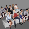 Group of Diverse People Sitting on Modern White Benches Interacting Casually