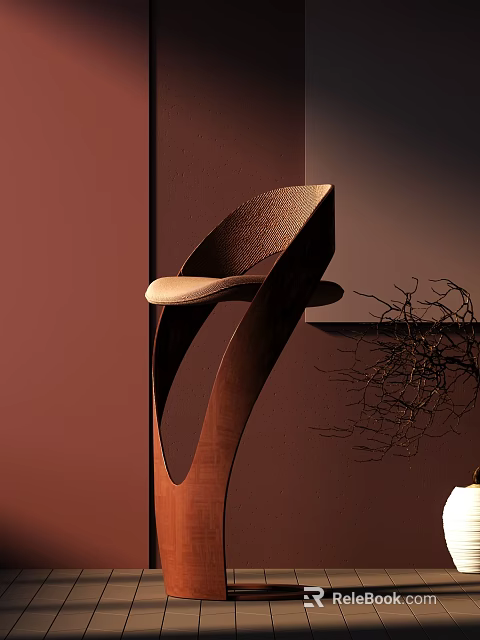Modern Single Chair With Sleek Wooden Frame And Beige Upholstered Seat In Interior With Twigs 3d model 