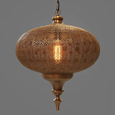 Golden Filigree Chandelier With Intricate Carved Patterns And Warm Glowing Light 3d model