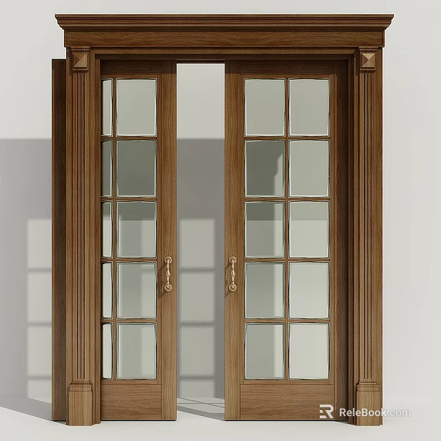 Classic Wooden Sliding Doors With Glass Panels And Metal Handles 3d model 