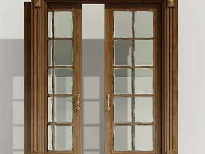 Classic Wooden Sliding Doors With Glass Panels And Metal Handles 3d model
