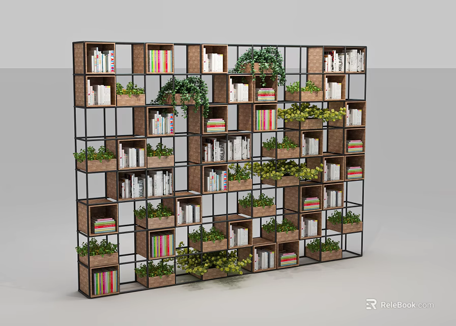 Modern Open Bookshelf Design With Multiple Compartments Books And Green Plants 3d model 