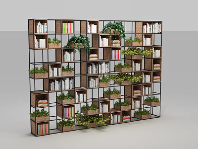 Modern Open Bookshelf Design With Multiple Compartments Books And Green Plants 3d model
