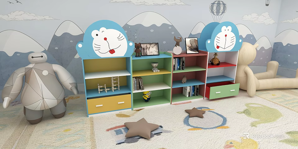 Colorful Doraemon Shaped Children's Bookcase With Storage Drawers And Decorative Items 3d model 