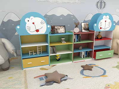 Colorful Doraemon Shaped Children's Bookcase With Storage Drawers And Decorative Items 3d model
