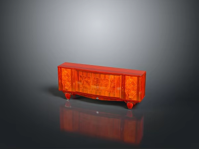Red Carved Wooden Cabinet With Intricate Patterns And Legs On Reflective Surface 3d model
