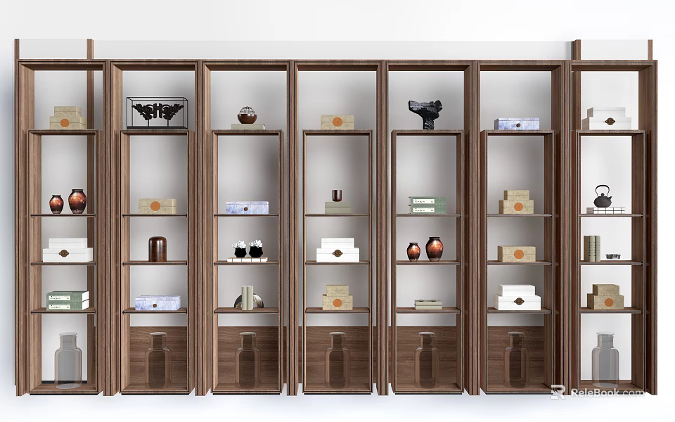 Modern Wooden Display Cabinets With Open Multi tiered Shelves And Decorative Ornaments 3d model 