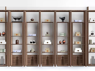 Modern Wooden Display Cabinets With Open Multi tiered Shelves And Decorative Ornaments 3d model