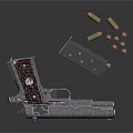 Detailed Handgun Display With Magazine And Bullets On Dark Surface