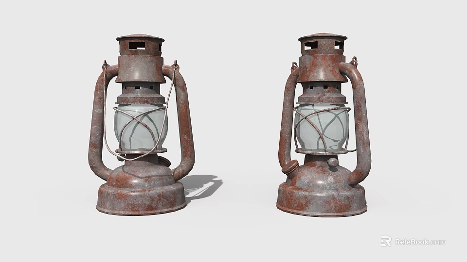Two Vintage Table Lamps With Rustic Metal Frame Glass Shade And Metal Handle 3d model 