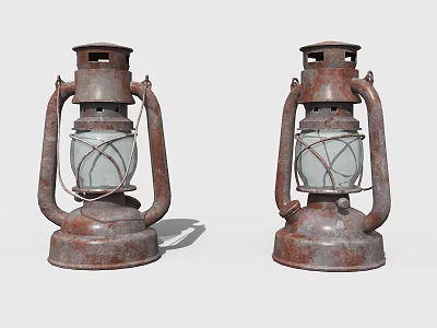 Two Vintage Table Lamps With Rustic Metal Frame Glass Shade And Metal Handle 3d model
