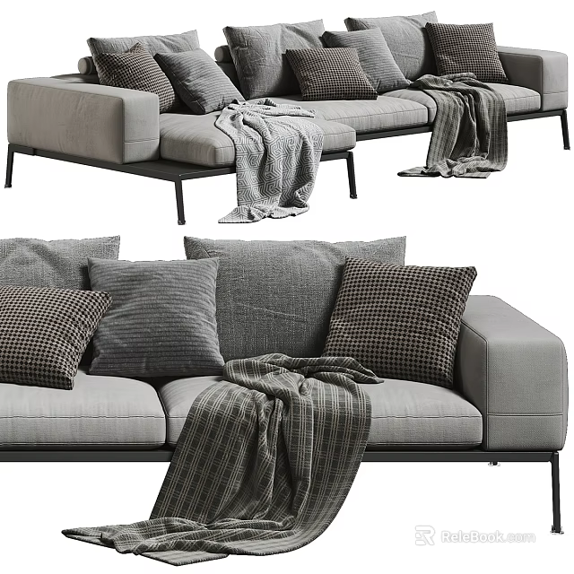 Modern Sofa Coffee Table Combination Featuring Gray Upholstery Plush Pillows And Textured Blankets 3d model