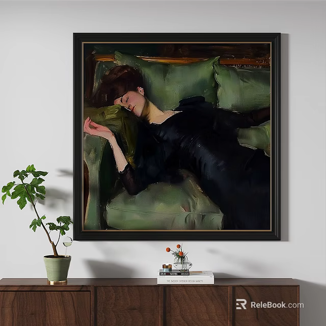 Oil Painting Of A Woman In Black Dress Lying On Green Cushions For Interior Decor 3d model 