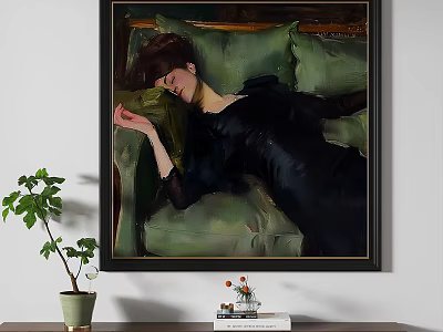 Oil Painting Of A Woman In Black Dress Lying On Green Cushions For Interior Decor 3d model