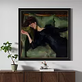 Oil Painting Of A Woman In Black Dress Lying On Green Cushions For Interior Decor