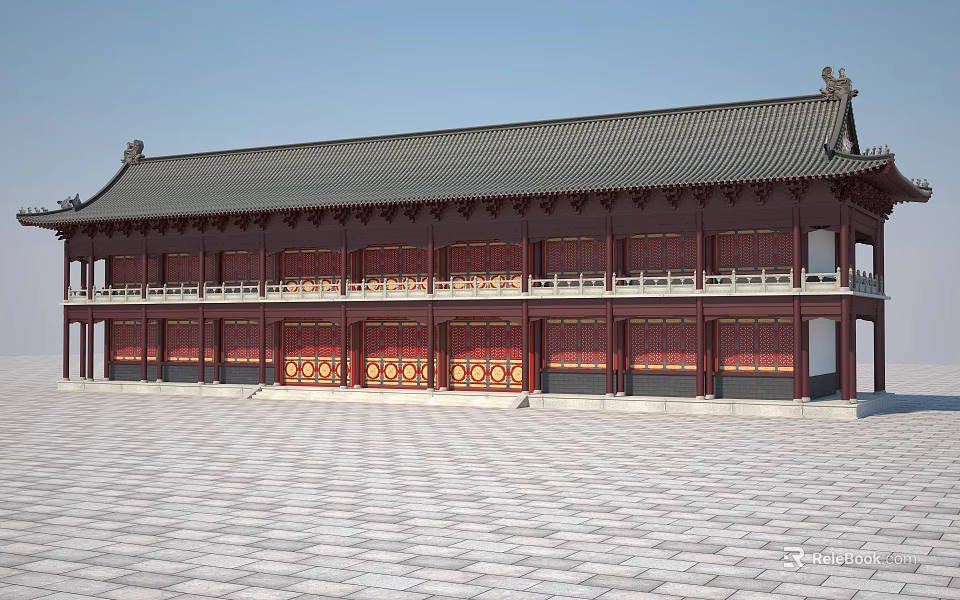 Ancient Chinese Architecture With Black Tiled Roof Red Wooden Doors And Stone Pavement Square 3d model 