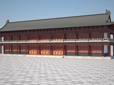 Ancient Chinese Architecture With Black Tiled Roof Red Wooden Doors And Stone Pavement Square 3d model