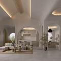Modern Living and Dining Room with Open Concept Archway Sofa Dining Table and Pendant Lights