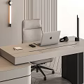 Sleek Modern Office Desk And Chair Set With Laptop Table Lamp And Wall Painting