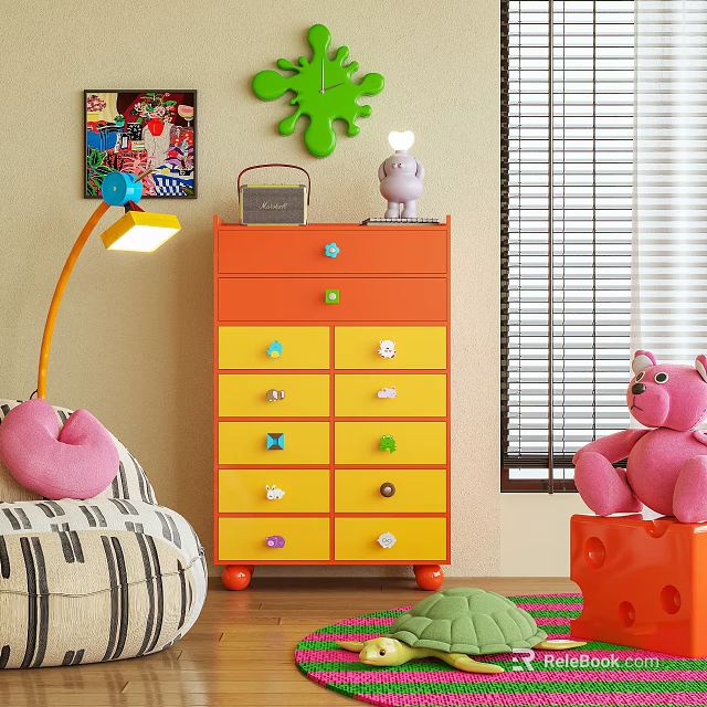 Colorful Kids Room Chest of Drawers with Multiple Drawers Decorative Knobs and Stuffed Toys 3d model 
