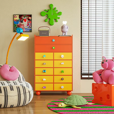 Colorful Kids Room Chest of Drawers with Multiple Drawers Decorative Knobs and Stuffed Toys 3d model