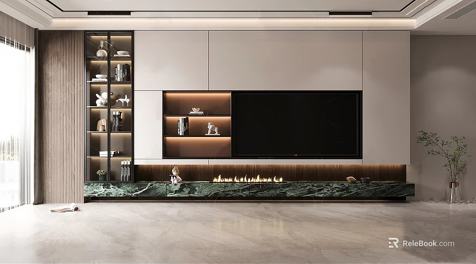 Modern TV Wall Design With Shelving Decorations Books LED Lights And Marble Countertop 3d model 