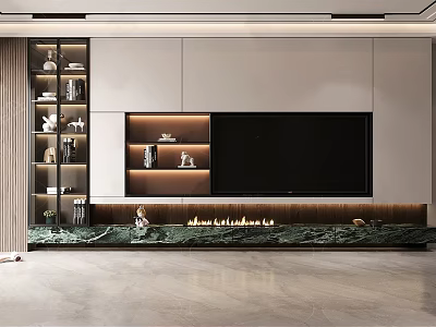 Modern TV Wall Design With Shelving Decorations Books LED Lights And Marble Countertop 3d model