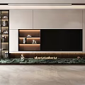 Modern TV Wall Design With Shelving Decorations Books LED Lights And Marble Countertop