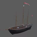 Classic Wooden Ship With Tall Masts Red White Flags And Dark Hull Design