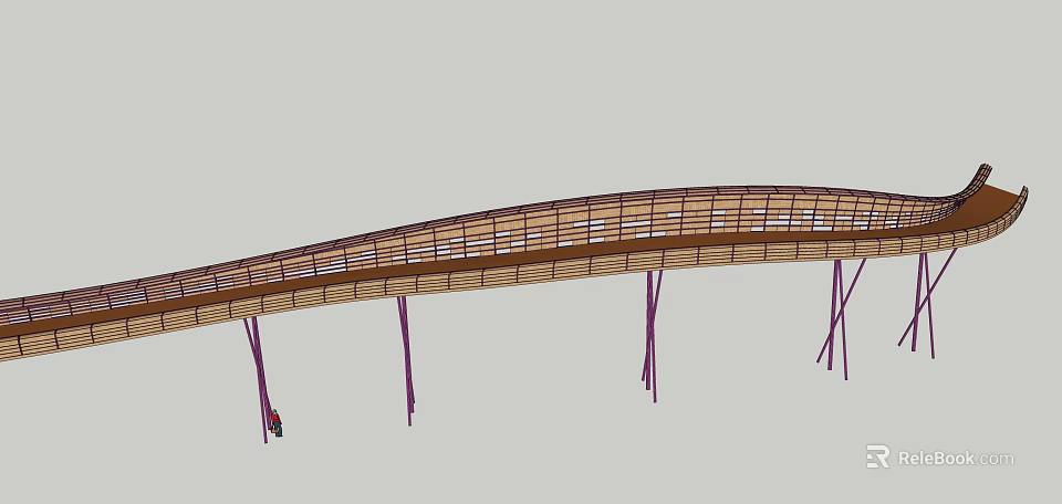 Curved Landscape Bridge With Wooden Deck And Purple Support Structures 3d model