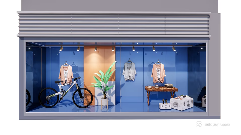 Fashion Store Window Display With Clothes Bicycle Green Plant Wooden Table And Lighting 3d model 