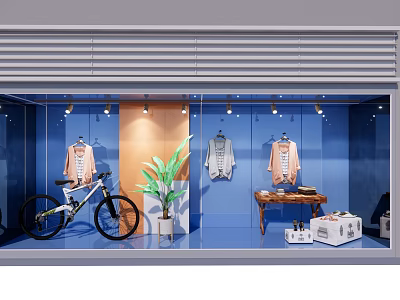 Fashion Store Window Display With Clothes Bicycle Green Plant Wooden Table And Lighting 3d model