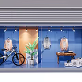 Fashion Store Window Display With Clothes Bicycle Green Plant Wooden Table And Lighting