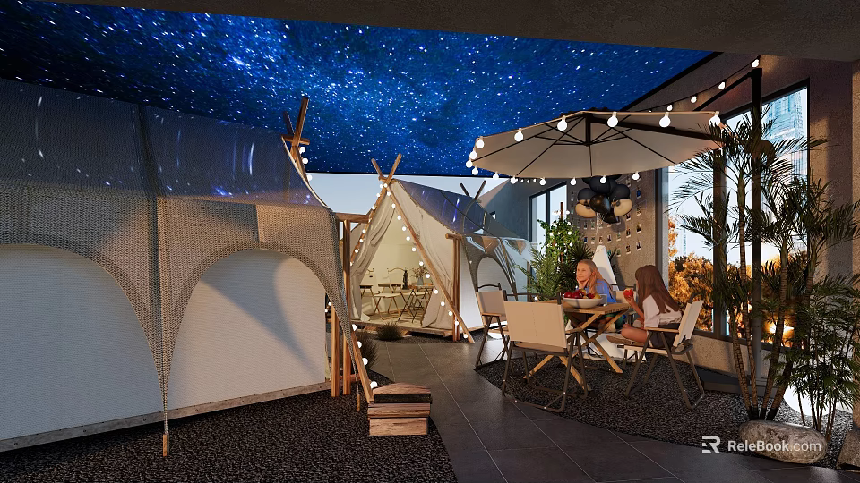 Relaxing Garden Landscape with Starry Ceiling Tents Outdoor Dining and String Lights 3d model 