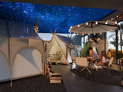 Relaxing Garden Landscape with Starry Ceiling Tents Outdoor Dining and String Lights 3d model