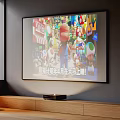 Large Wall Mounted TV Displaying Mario Game Content With Wooden TV Stand