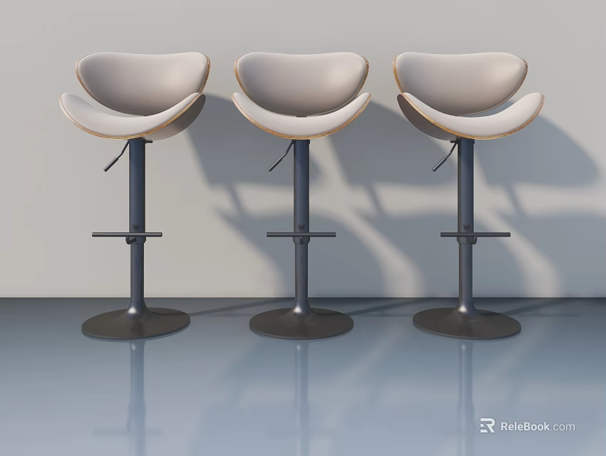 Three Adjustable Modern Upholstered Bar Stools With Wooden Accents And Metal Base 3d model 