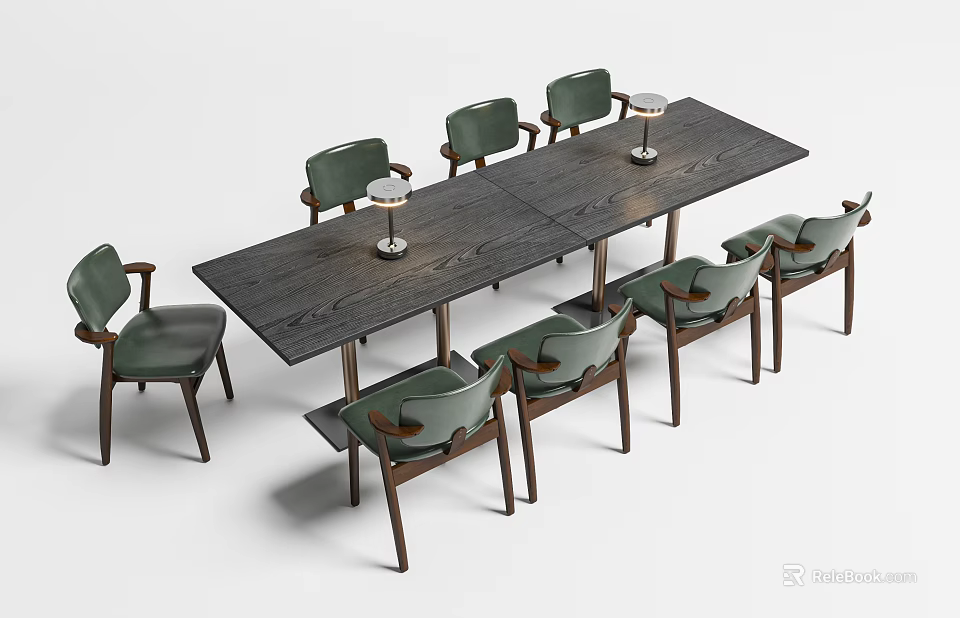 Modern Dark Wooden Rectangular Dining Table With Green Upholstered Chairs Set 3d model 