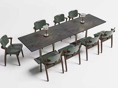 Modern Dark Wooden Rectangular Dining Table With Green Upholstered Chairs Set 3d model