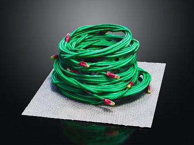 Neatly Coiled Green Cable With Red Ends Placed On Gray Mat 3d model