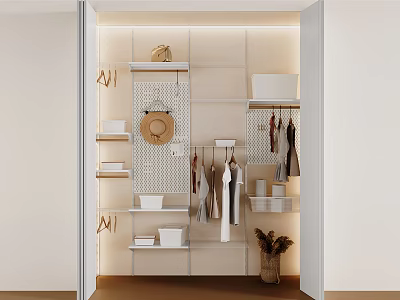 Sleek Modern Open Closet With Hanging Rods Shelves Storage Boxes Hat And Hooks 3d model
